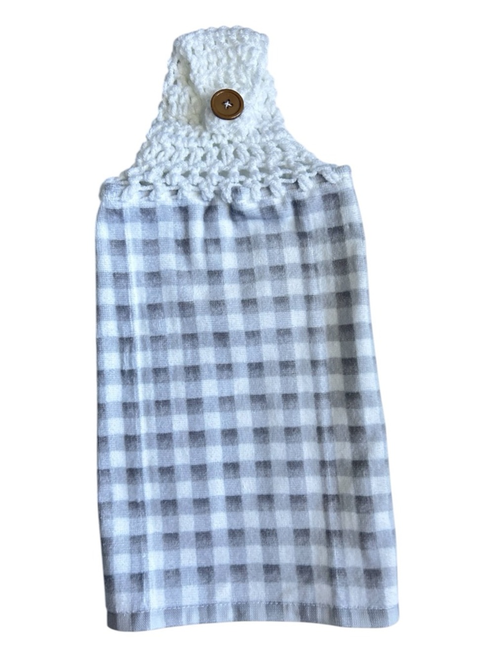 Hand Crafted White and Gray Gingham Crochet Top Hanging Kitchen Hand Towel